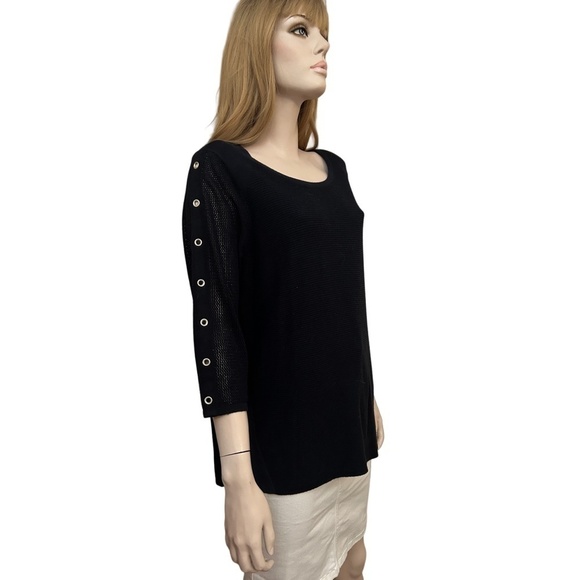 TRIBAL Sweater Tunic Pullover Top Silver Grommets ΒΎ Sleeve Hi Low Chiffon Panels - Picture 4 of 15